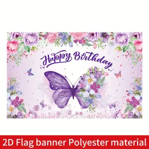 Reusable Polyester Decorative Banner - Large 70.8"x43.3" Purple Enchanting Butterfly & Flower Design, Happy Birthday Party Backdrop, Indoor/Outdoor Home Festive Decor