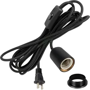 Plug in Pendant Light Cord with Switch, Braided Hanging Lamp Kit with Ceramic Bulb Socket, DIY Lamp Shade Replacement Cord, Swag Light Kit Fixture Fabric Wrapped Cable 15ft Black