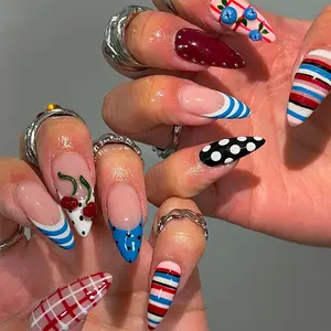 Ladies' Fashionable Wearable Nails, Vintage Polka Dot Striped Fake Nail Tips, Removable DIY Nail Extension Kit, Home Nail Art Set