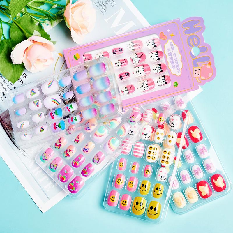 24Pcs/Box Children False Nails Kids Cartoon Girl Press on Nail Short Artificial Fake Nail Safe Full Cover Acrylic Nail Tips Kits
