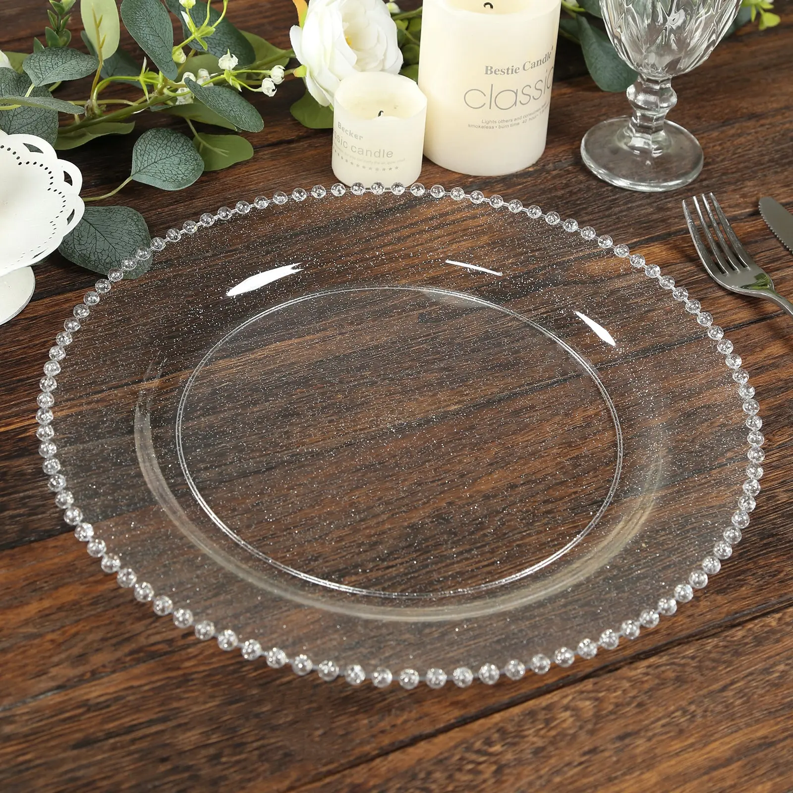 10-Pack Economy Plastic Charger Plates 13" Round Clear/Silver Glitter with Beaded Rim - Stylish Dinner Party Serving Plates