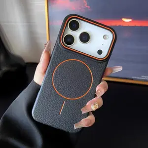 High quality lychee patterned leather phone case with delicate and non slip touch, paired with minimalist contrasting magnetic ring design, suitable for iPhone 17 16 15 14 13 12 11Pro Max series high-end phone cases-A182