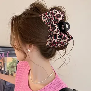 1pc Christmas Red Leopard Hair Clips Velvet Bow Claw Clips for Women & Teens, Luxury Party Hair Additions (Gift-Ready Polyester Clips with Double Bows)