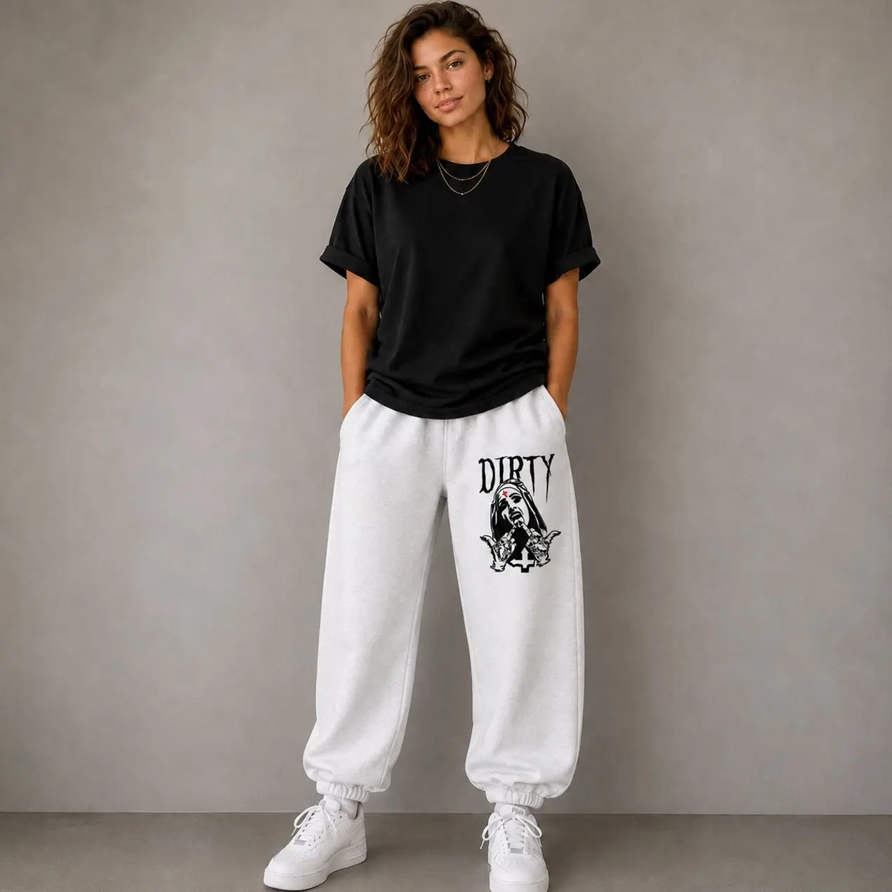 Dirty Sweatpants, Gothic Nun Graphic Joggers, Streetwear Sweatpants, Dark Aesthetic Pants, Tattoo Girl Print Joggers, Vintage Black White Sweatpants, Hip Hop Lounge Pants, Gift For Men, Gift For Women, Gift For Streetwear Lover, Trending 2026 P