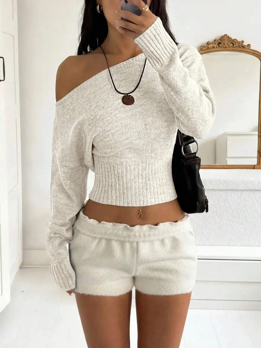 Sexy Open Shoulder Off Shoulder Knit Sweater, Comfortable & Elegant, Suitable For Dating, Daily Gatherings, Casual Travel In Autumn/Winter Spring