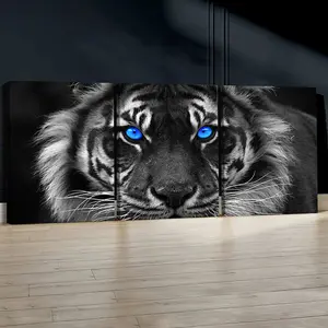 3 Piece Set Wooden Framed Canvas Poster, Tigers, Lions, Leopards, Wolves, Animal Art, Realistic Style, Blue Eyes, Modern Wild Aesthetics, Home Decor, Art Print, Wall Art for Living Room, Bedroom, Office, Hallway, Ideal Gift For Friends.