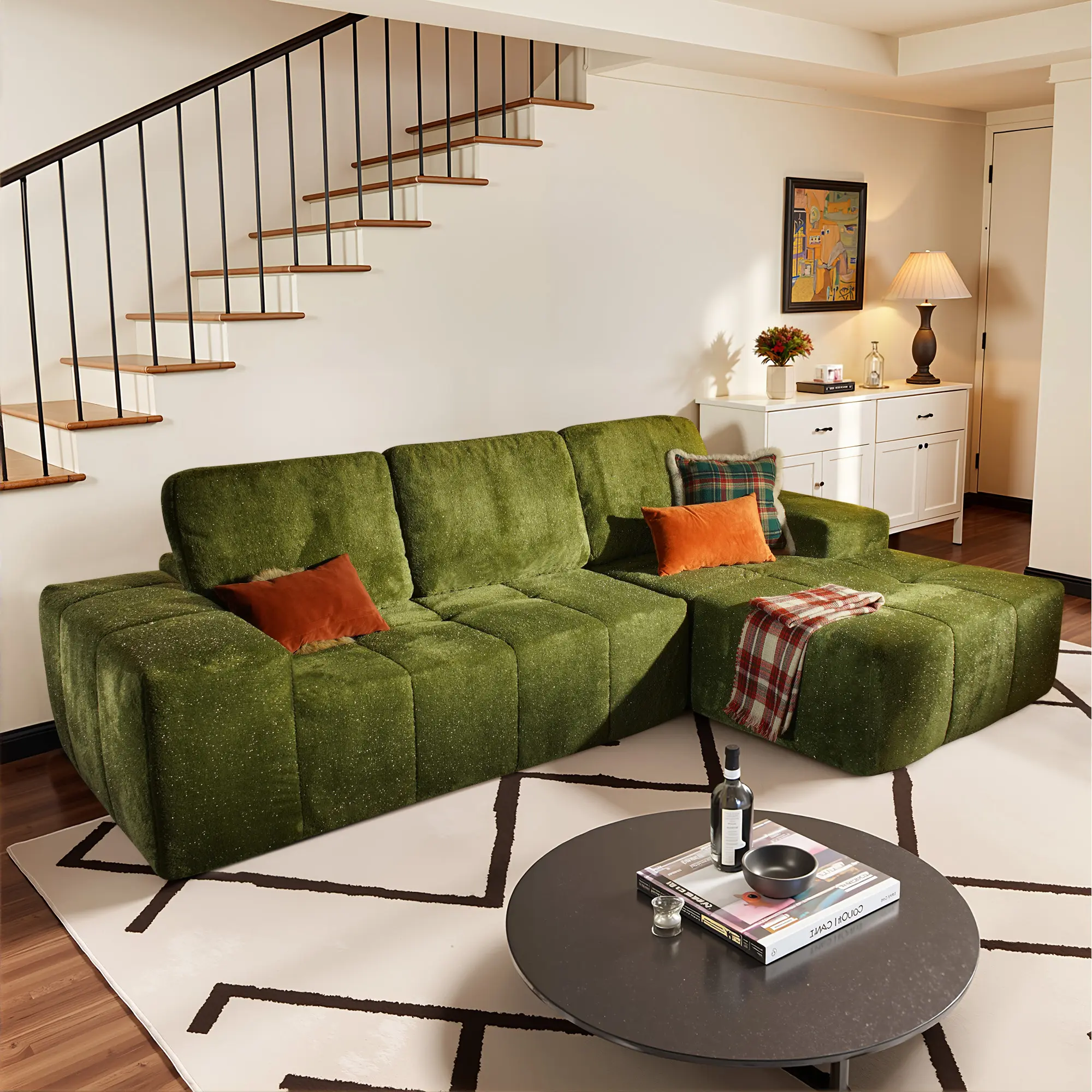 114" Green Starry Sky Fabric Right Chaise