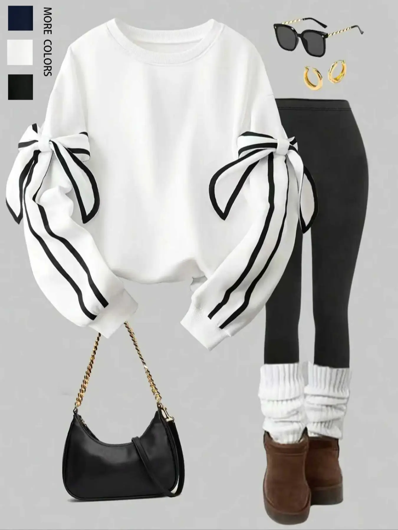 Women's Casual Fitted Solid Color Pullover Sweatshirt with Bow Tie Long Sleeve Round Neck, Fashionable Ladies' Top for Daily Wear Womenswear