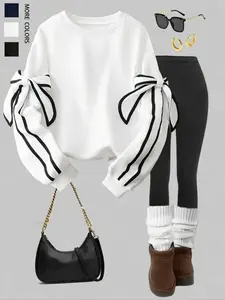 Women's Casual Solid Color Pullover Sweatshirt with Bow Tie Long Sleeve Round Neck, Fashionable Ladies' Top for Daily Wear