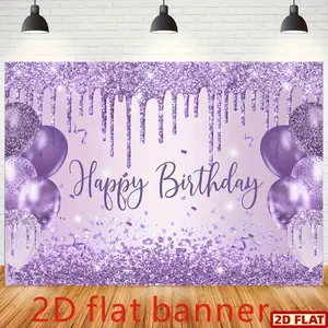 2D Flat Banner, 1pc Purple Glitter Birthday Party Shimmer Wall Backdrop with "Happy Birthday" Cursive Text, Sparkling Balloons & Confetti - Vinyl Design for Cake Table Decorations, No Electricity Needed, Party Decorations, Party Decoration Supplies