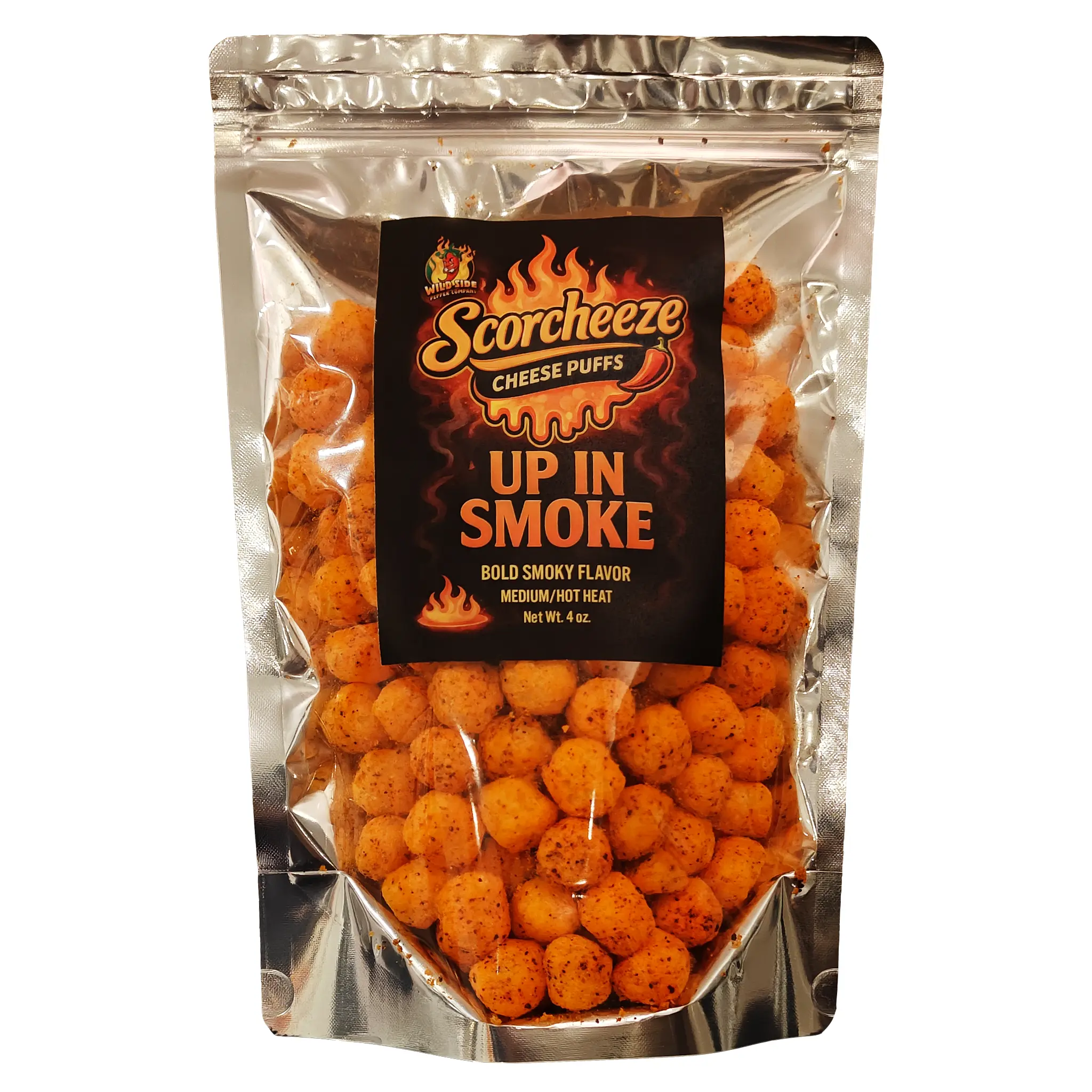 Medium/HOT Heat - UP IN SMOKE - Scorcheeze - Cheese Puffs - Smoky Cheese Balls