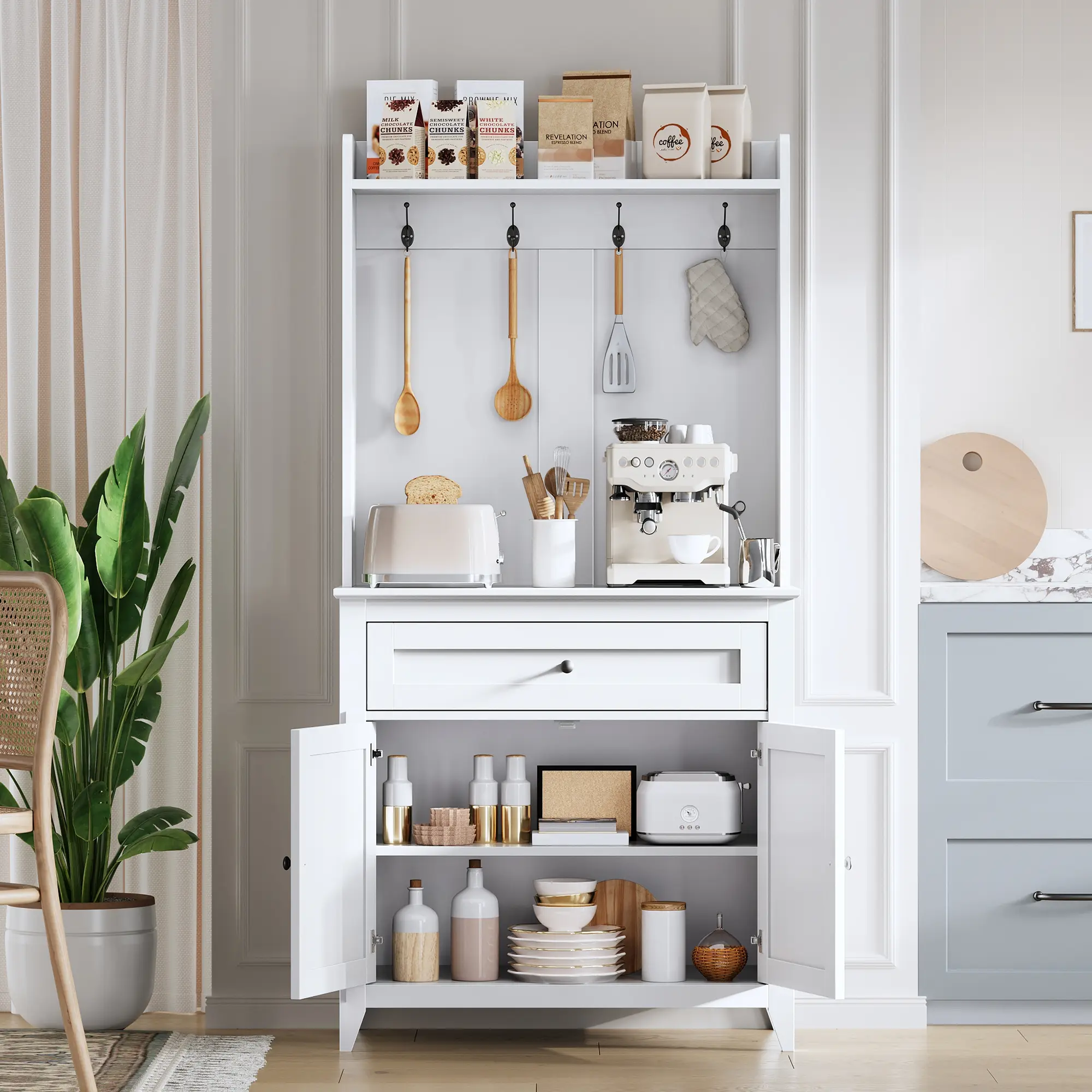 63" Tall Kitchen Pantry Cabinet with Countertop, Freestanding Storage Cabinet for Microwave Kitchen Coffee Bar Dining Room, Large Cabinet Organizer for Home