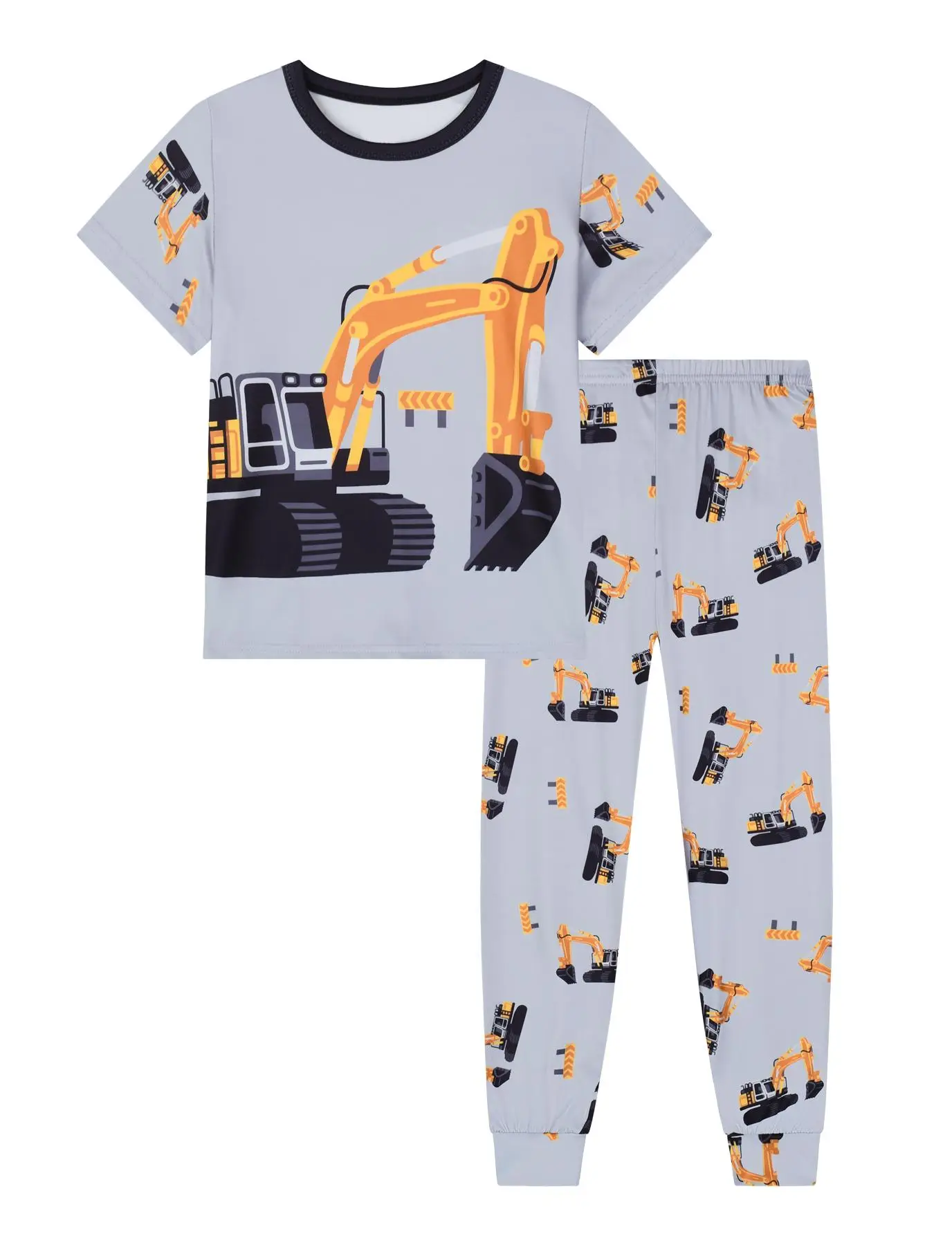 Boy's Excavator Print Tee & Pants Pajama Two-Piece Set, Casual Comfy Round Neck Short Sleeve T-Shirt & Trousers, Summer Sleepwear Set for Boys