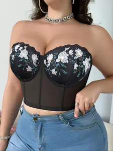【Plus Size】 Floral Lace Bustier Bra, Breathable Comfortable Underwire Push Up Bra for Daily Wear, Women's Lingerie for All Seasons, Lace Brassiere Fit
