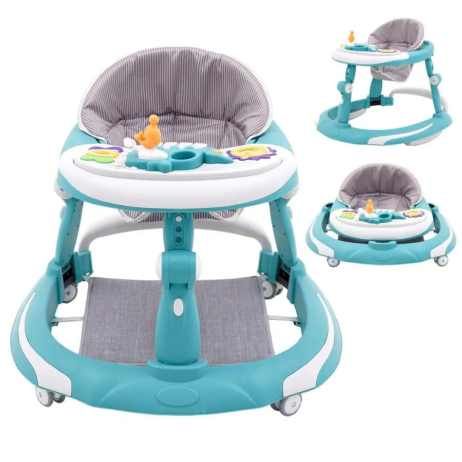 Unisex 3-in-1 Convertible Sit-to-Stand Baby Walker - Adjustable Seat, Adjustable Height, Interactive Toys, Locking Brakes, 360° Rotating Wheels, Removable Activity Play Table, Sturdy Frame, Safety Lock, Grey