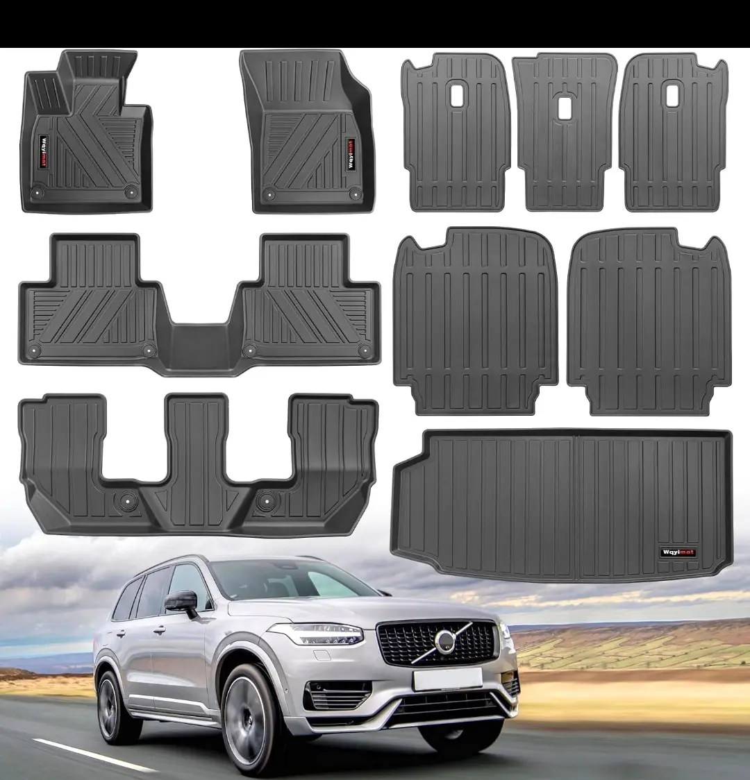 Floor Mats & Cargo Liner Set for 2016-2026 Volvo XC90 Plug-in Hybrid PHEV 7-Seater, TPE All-Weather, 10-Piece Set