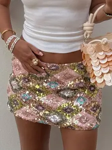 Women's Ethnic Colorblock Rhombus Sequin Skirt, Casual Streetwear Skirt, Boho Fashion Skirt, Holiday Low Waist Sexy Bodycon Short Dress, Fashionable and Stylish