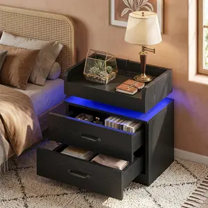 Bedroom Night Stand Charging Station, Nightstand With LED Light & Drawers, Stylish Bed Side Table For Bedroom, White/Black/Grey Options
