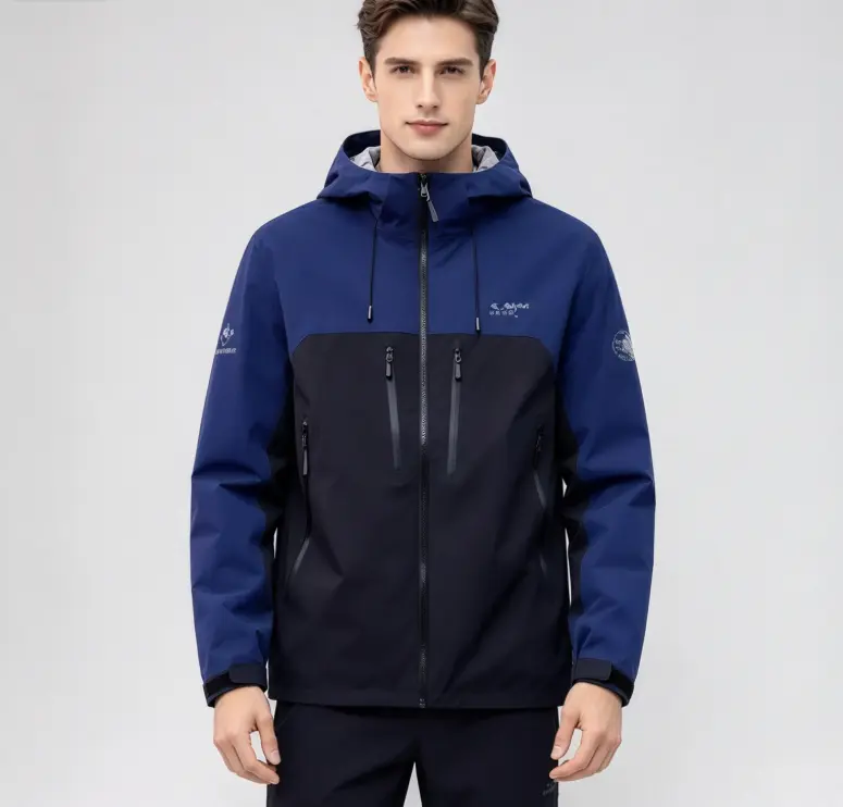 Royal Blue And Black Color Block Hooded Hard Shell Jacket Waterproof Windproof Full Zip Rain Coat For Mountain Hiking Camping Trekking And Outdoor Wilderness Adventures