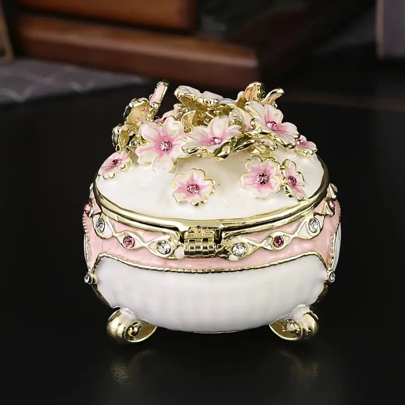 Vintage Enamel Floral Jewelry Trinket Box with Crystal Rhinestones, Hand-Painted Pink Flower & Butterfly Footed Metal Keepsake Organizer Case for Rings Earrings Gift & Home Vanity Decor