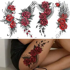 4 Large Half Sleeve Rose Temporary Tattoo Stickers, Waterproof & Roses Butterfly Wings Design, Body Leg Arm Abdomen Shoulder Fake Tattoos