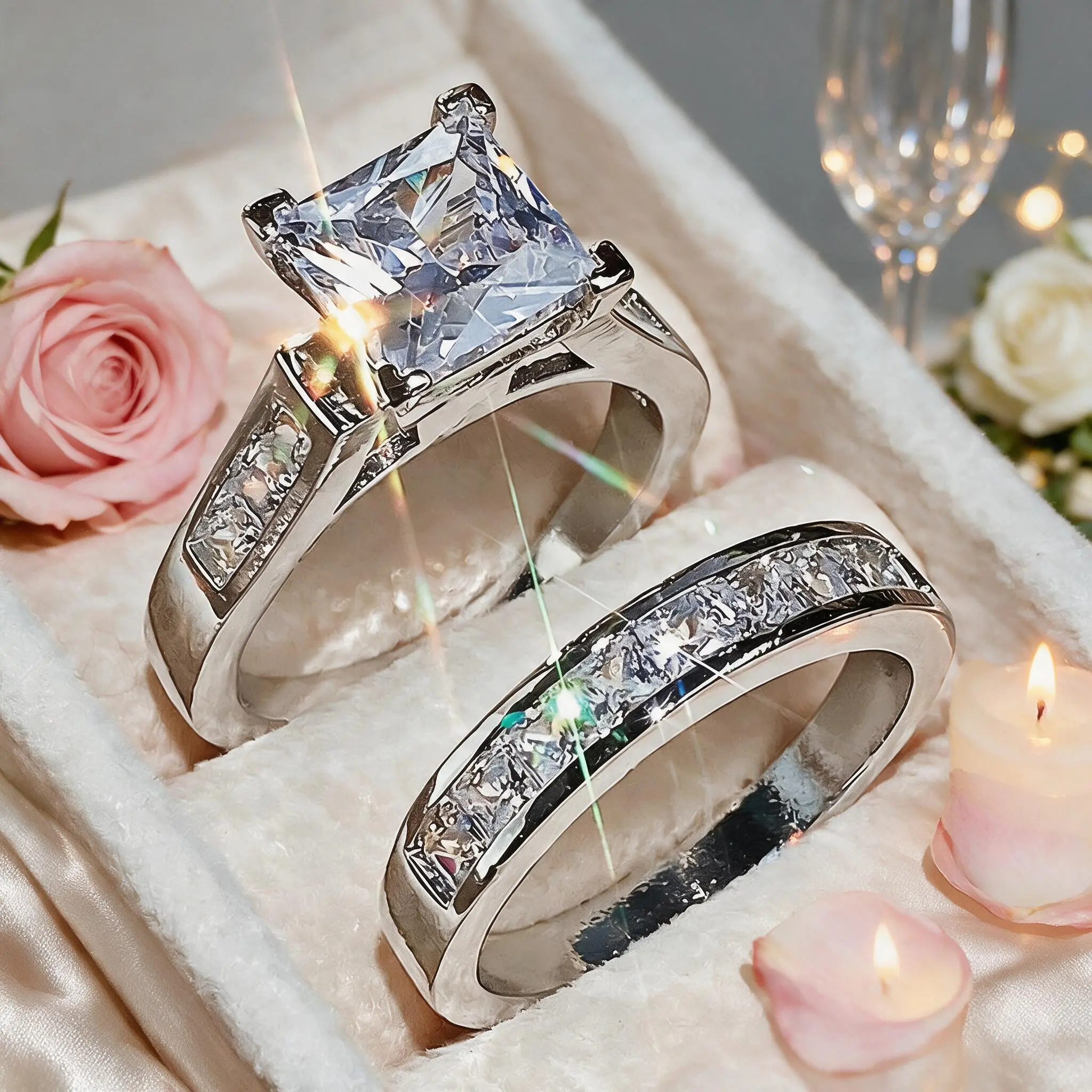Elegant Wedding Ring Sets for Women, 2-Piece 1.5ct Princess Cut Cubic Zirconia Bridal Engagement Jewelry with Channel Set Baguette Accents