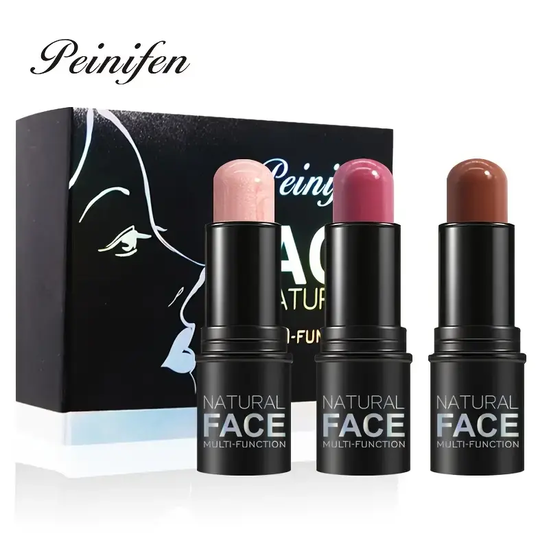 Cream Contour, Blush & Highlighter Stick Set, 3-Piece Face Make-up Kit for a Flawless Natural Finish, Waterproof & Long-Lasting Formula in Light Brown, Christmas Gift
