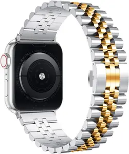 Compatible with Apple Watch Band 45Mm 44Mm 42Mm 41Mm 40Mm 38Mm, Stainless Steel Heavy Band with Butterfly Folding Clasp Link Bracelet for Iwatch Series7/6/Se Series 5/4/3/Men Women ,Silver/Gold, 41Mm/40Mm/38Mm