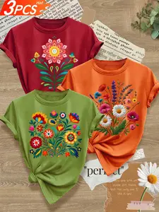 Women's 3-Pack Crew Neck T-Shirts, Mexican Floral, Ethnic Floral & Hand-Painted Floral Print, Multiple Colors Available, Machine Washable, Spring & Summer Top, Soft Skin-Friendly Fabric, Daily Versatile, Fashion Design