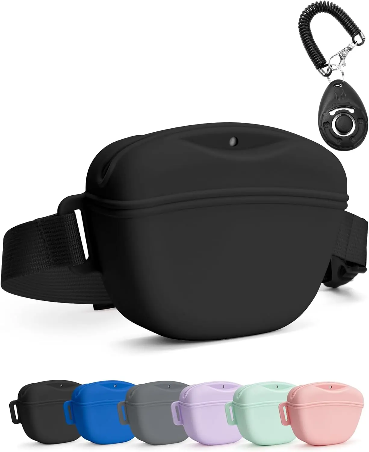 Dog Treat Pouch with Training Clicker - Food Grade Silicone, 1.67 Cup Capacity, Upgrade Stronger Magnetic Closure, Waterproof, Hands-Free Waist Belt for Pet Training (Black)