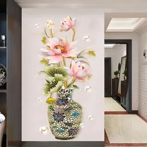 Classical Chinese-Style Rectangular Floral Pattern Lotus Vase Decorative Vinyl Sticker, Wall Decor with Pearl Accent, Unique Art Backdrop for Home Use