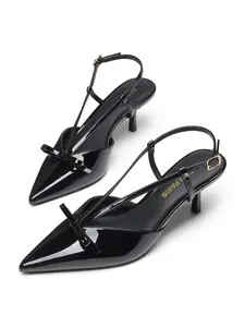 Dream Pairs Women's Kitten Heel Slingback Pumps 2.52 Inch Low Heel Pointed Toe Bow Accent Cushioned Insole Comfortable Dress Work Wedding Shoes