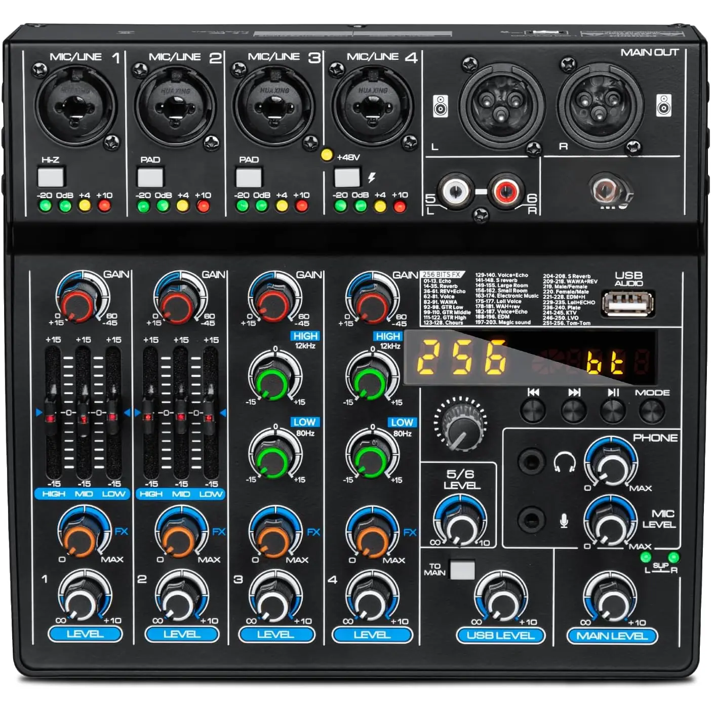 Portable M6 DJ Mixer Sound Card, 6 Input Audio Mixing Console with Built-in 256 Digital Reverb FX, 48V Phantom Power, Hi-Z Jacks, USB Interface for Computer Recording, Live Streaming, Manufacturer Warranty