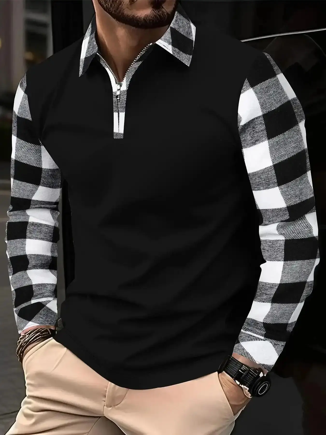 Men's Checked Patchwork Plaid Print Half Zip Up Polo Shirt Regular Fit Casual Long Sleeve Top Fall Winter Daily Wear classic design everyday essential versatile style comfort wardrobe staple piece relaxed breathable