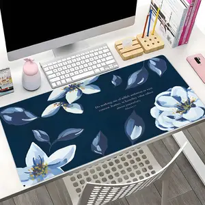 Blue Floral Extended Large Gaming Mouse Pad, Aesthetic Art Big Desk Mat, Keyboard Mat with Non-Slip Rubber Base Stitched Edge for Home Office Gaming, Ideal Gift