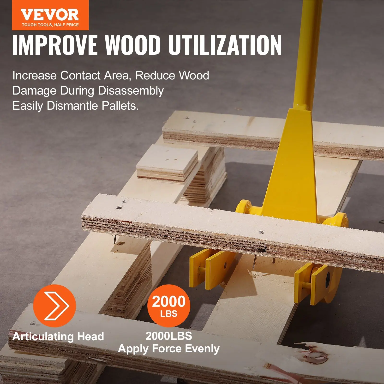 VEVOR Q235 Grade Carbon Steel Pallet Buster, 41-in Handle, 2000 lbs Capacity Heavy-Duty Metal Deck Wrecker, 4-in Universal Teeth Spacing, Articulating Head, Expanded Welding for Increase Contact Area, Ideal for Wood Removal & Minimizing Damage