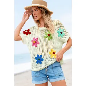 White Crochet Flower Hollow-out Sweater T Shirt