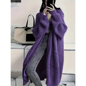 Long Length Plus Size Open Front Loose Knit Cardigan with Pocket, Casual Women's Long Sleeve Cardigan