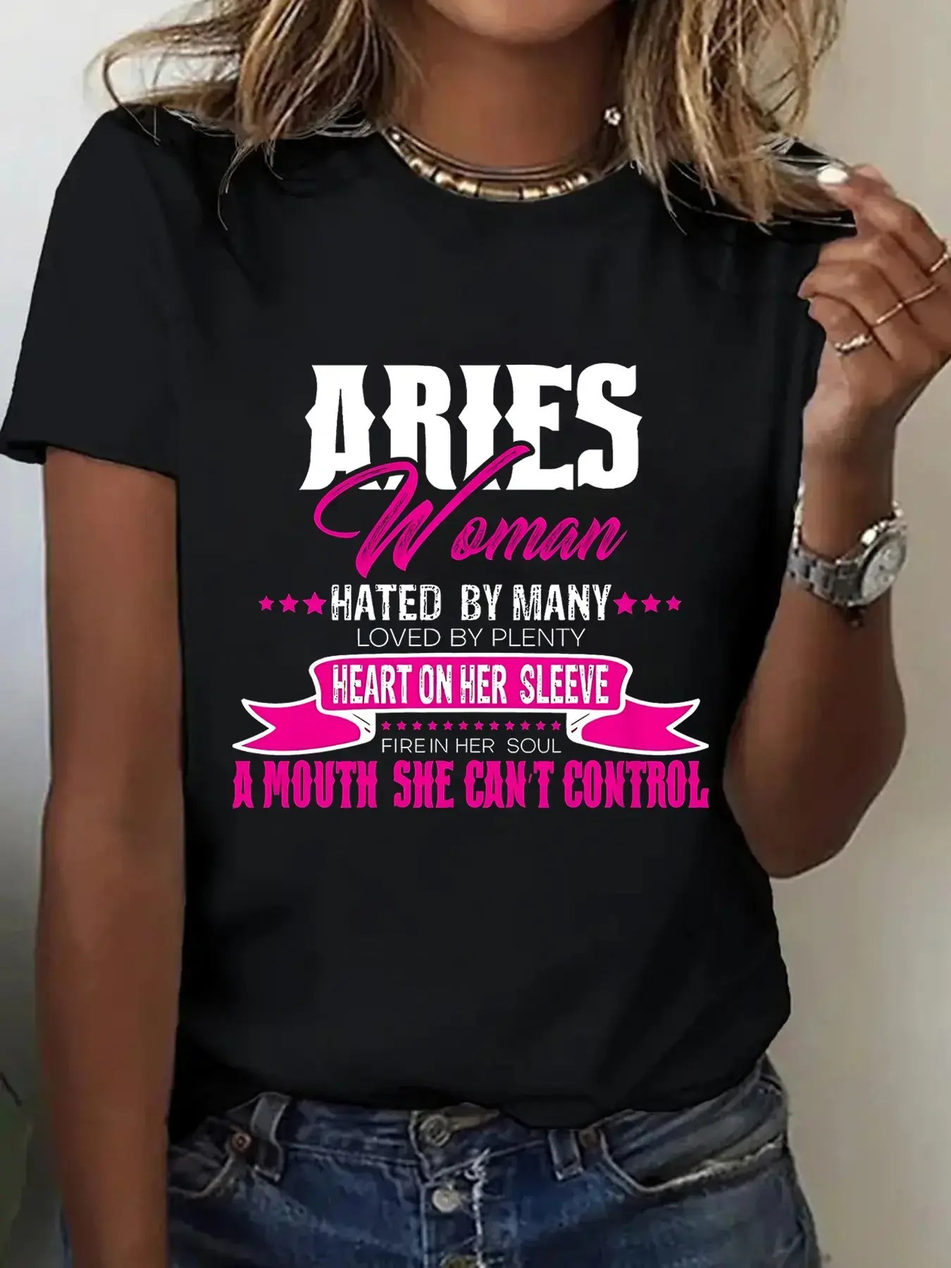 Aries Women'S Graphic Tee - Breathable Fabric, This Casual Round Neck Short Sleeve Shirt Features a Distinctive "Aries Woman" Print. It'S an Ideal Gift for Holidays, Machine Washable