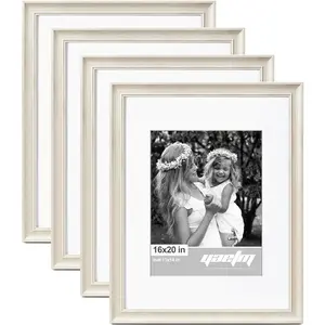 16x20 Picture Frame Matted to 11x14 Set of 4, 1.4" Wide Molding & Rustic White 16x20 Frames for Wall Gallery, Wall Mounting (4 pack, White)