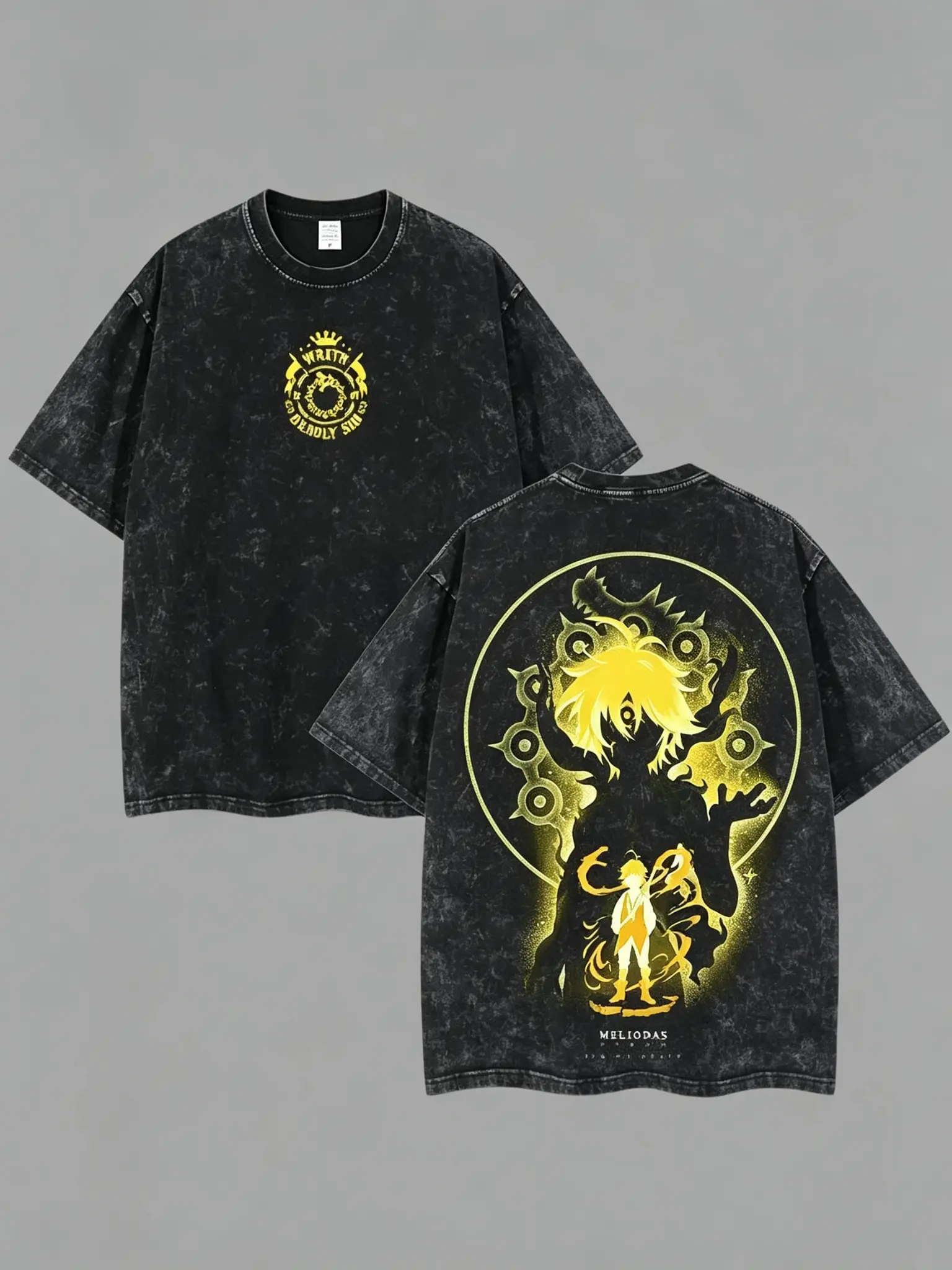 Vintage Washed Meliodas Double Sided Print T-Shirt Seven Deadly Sins Wrath Demon Yellow Glow Graphic Oversized Streetwear Casual Anime Tee Unisex Relaxed Fit Stylish Menswear