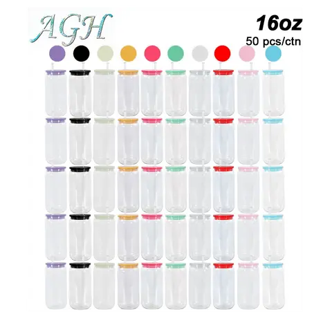 Agh US mix 50pcs 16oz Single-Wall Multicolor Plastic Acrylic Cans with Lids and Straws Tumblers Bulk Single Wall Reusable Cup for Cold Coffee Juice Beer
