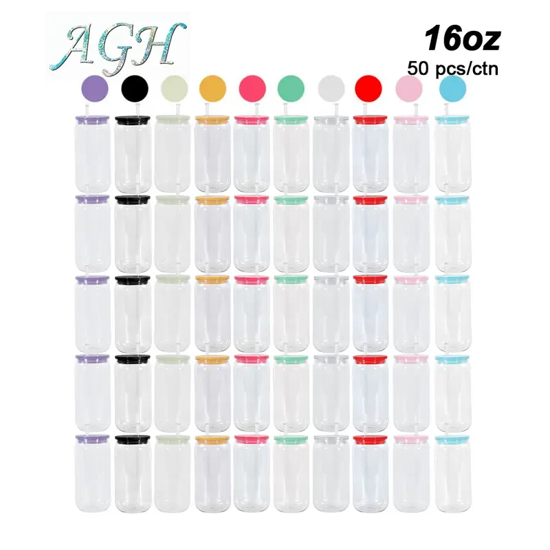 Agh US mix 50pcs 16oz Single-Wall Multicolor Plastic Acrylic Cans with Lids and Straws Tumblers Bulk Single Wall Reusable Cup for Cold Coffee Juice Beer
