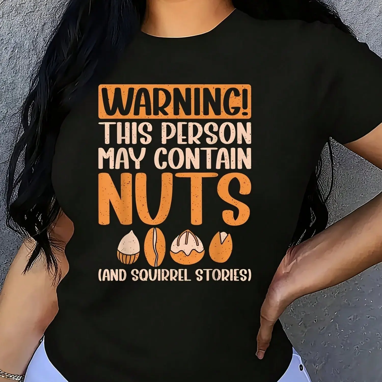Women's Plus Size Casual Short-Sleeve Tee - Colorful, Comfortable, Lightweight, Funny "This Person May Contain Nuts Squirrel Stories" Oversized Graphic Top, 1 Piece Style Tops