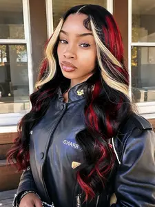 Black Red Blonde Highlight Wavy Wig 13x4 Lace Front Wigs Money Piece Highlight Wig Pre-Plucked Hairline Skunk Stripe Body Wave Synthetic Wig Concert Look Lace Frontal Wigs for Women Daily Wear 28 Inch