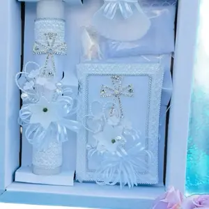 Traditional 5pcs Baptism Candle Set - 8in White Candle, Rosary, New Testament, Decorative Elements in Box for Boys and Girls (English & Spanish)