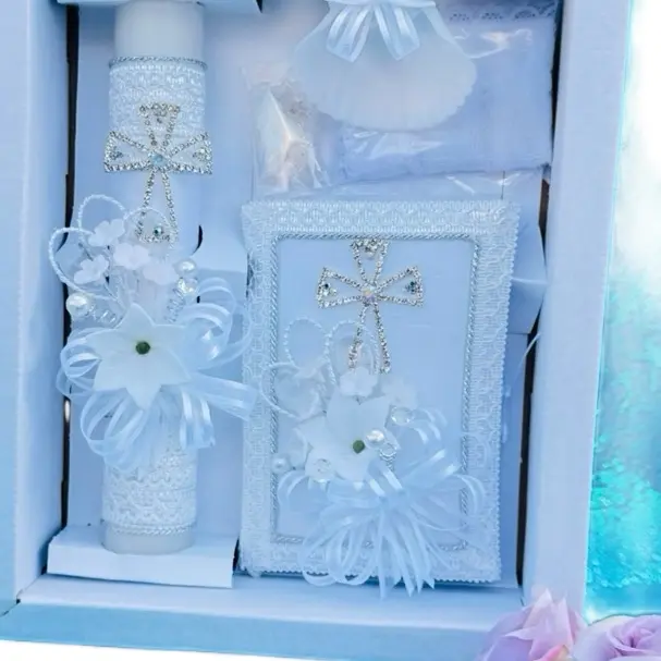 Elegant 5pcs Traditional Baptism Candle Set - 8 in White Candle, Rosary, New Testament, Decorative Elements in Box for Baptism Party Ceremony (English & Spanish)