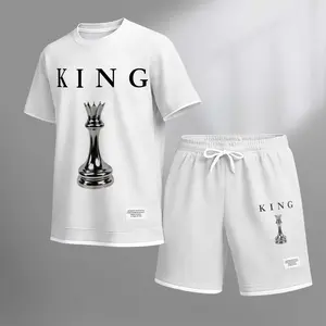 Men's King Print Drawstring Shorts Set For Spring/Summer. Including A Short-Sleeved Shirt And Shorts, Suitable For Everyday Wear And Sports. A Two-Piece Set For A Relaxed And Energetic Lifestyle.