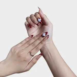 Medium Almond Press On Nails - Nude Cream Floral Design, Garnet Pearl Glossy Finish - Reusable False Nails, Siyou Garnet Pearl