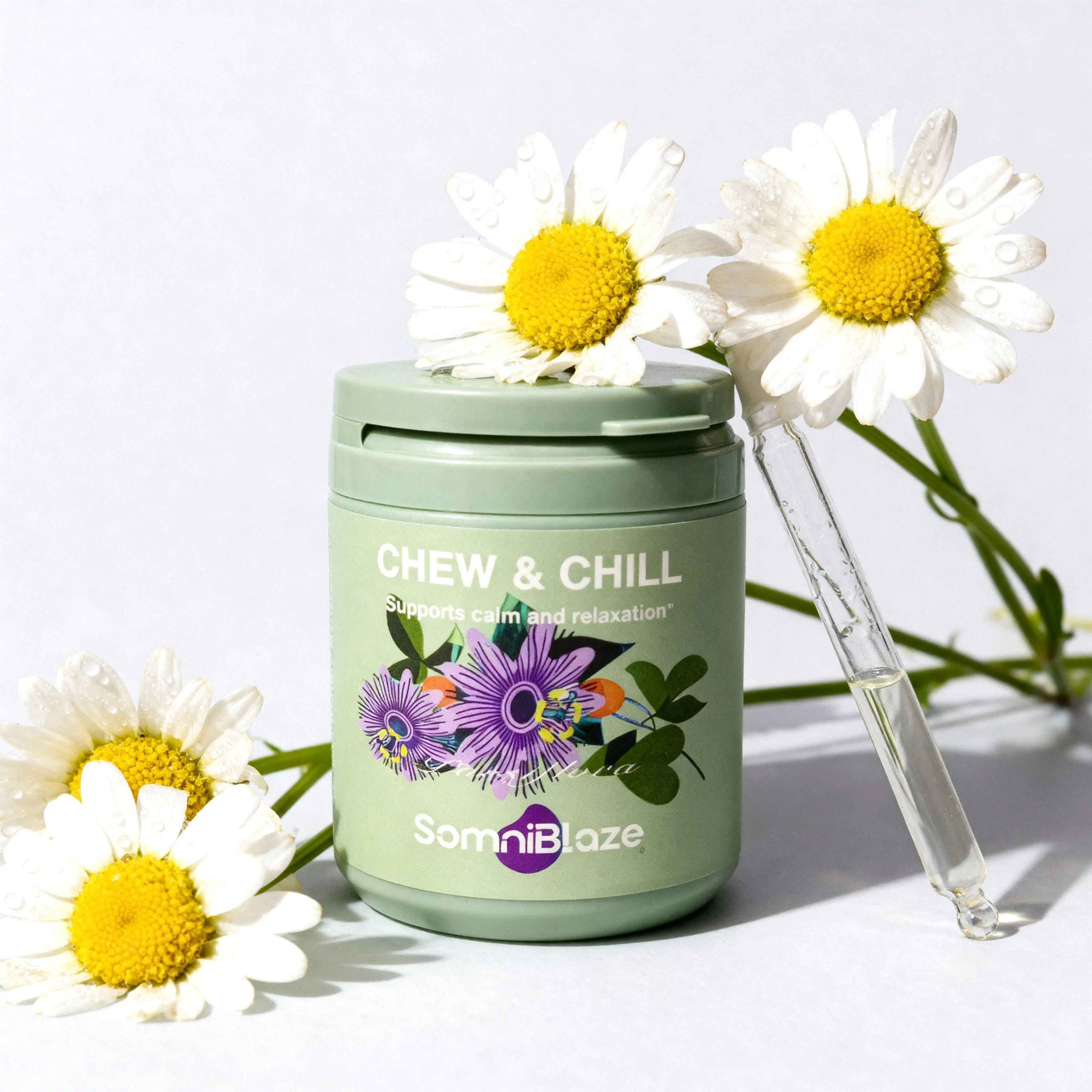 SomniBlaze CHEW & CHILL MOOD SUPPORT SUPPLEMENT: 20 soft chews per bottle, designed to help support a calm mood and healthy relaxation response. Healthcare Dietary Natural Organic